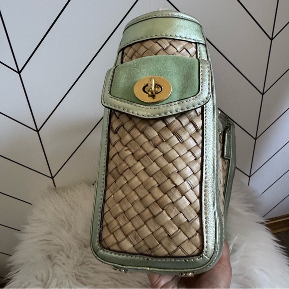 Coach Metallic Green and Tan Woven Satchel - Picture 5 of 16